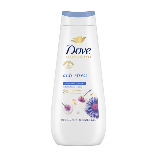 Dove anti-stress shower gel bottle on a white background