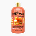 A 500ml bottle of Treaclemoon Maple Cinnamon Pancakes shower and bath gel, featuring a peach-colored bottle with a gold cap and a graphic of pancakes on the front, set against a plain white background.