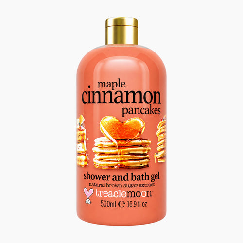 A 500ml bottle of Treaclemoon Maple Cinnamon Pancakes shower and bath gel, featuring a peach-colored bottle with a gold cap and a graphic of pancakes on the front, set against a plain white background.