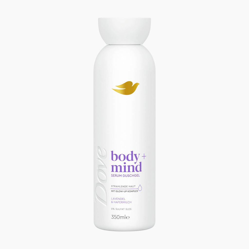 A 350ml white bottle of Dove Body + Mind Serum Shower Gel with lavender and oat milk, set against a plain light gray background.