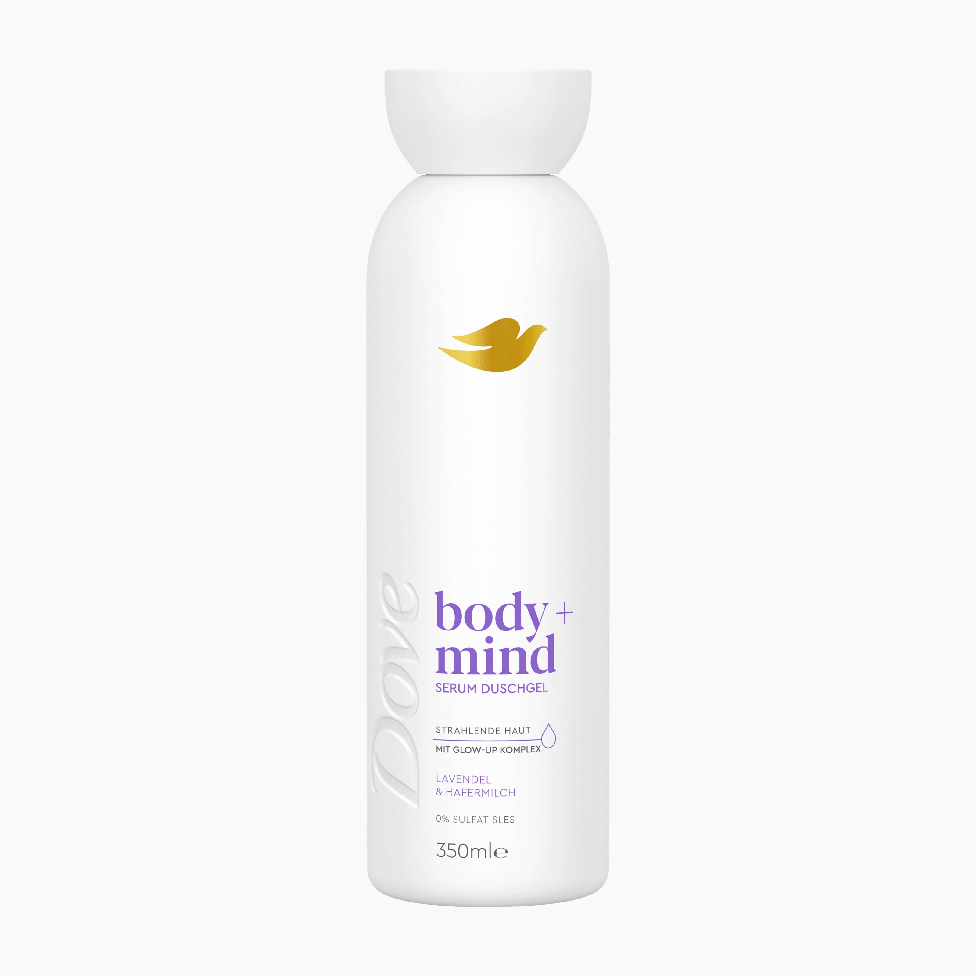 A 350ml white bottle of Dove Body + Mind Serum Shower Gel with lavender and oat milk, set against a plain light gray background.