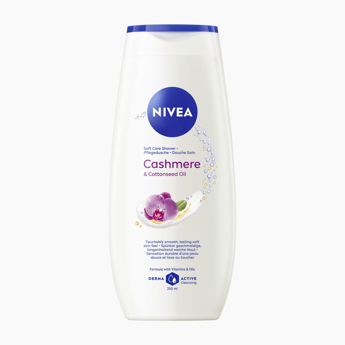 A 250ml bottle of Nivea Cashmere & Cottonseed Oil shower gel on a light gray background.