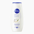 A 250ml bottle of Nivea Coconut & Jojoba Oil shower gel on a light gray background.
