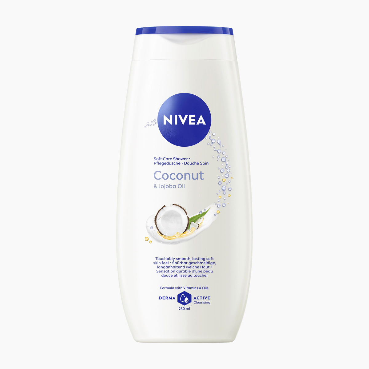 A 250ml bottle of Nivea Coconut & Jojoba Oil shower gel on a light gray background.