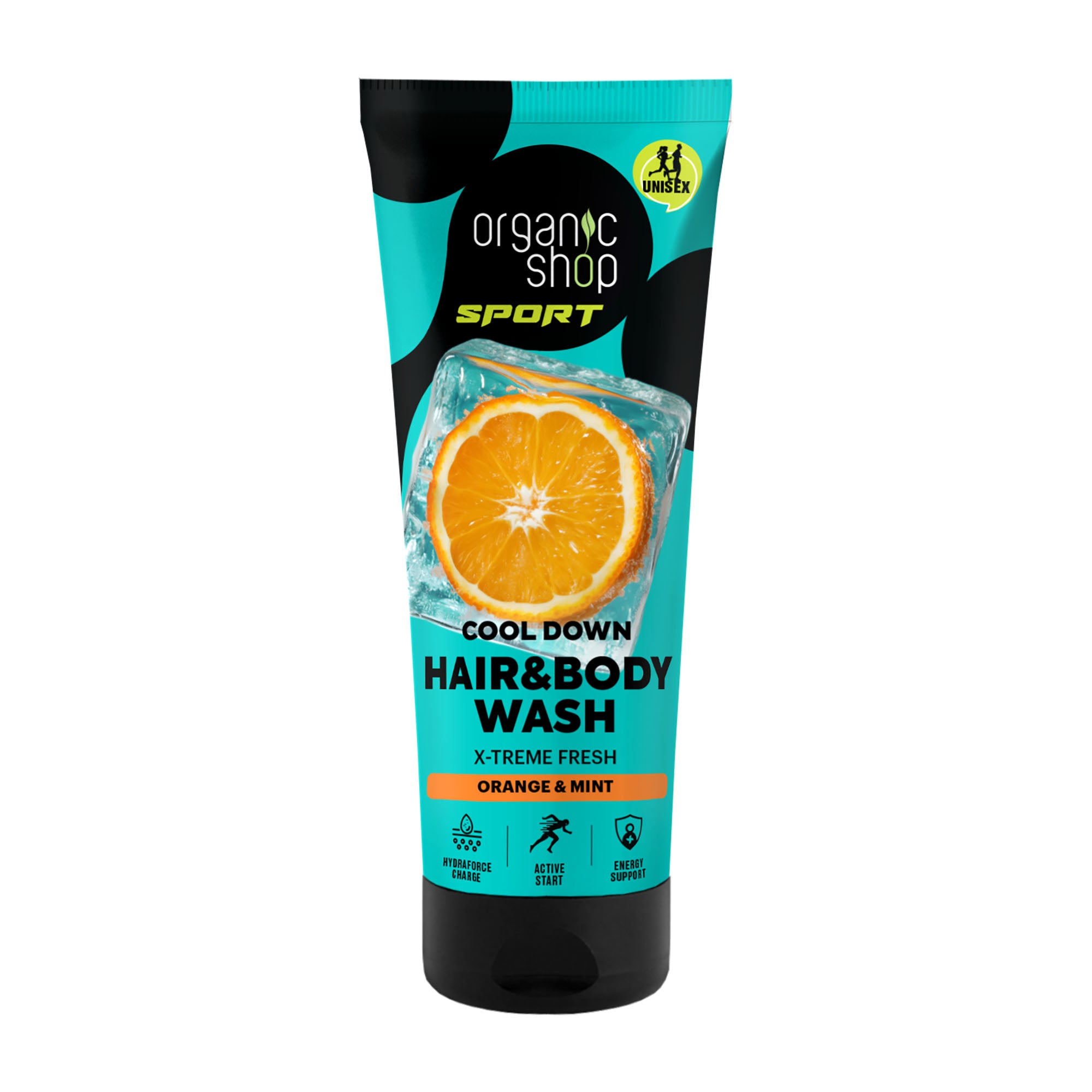 Tube of Organic Shop Sport Cool Down Hair & Body Wash with orange and mint scent on a white background
