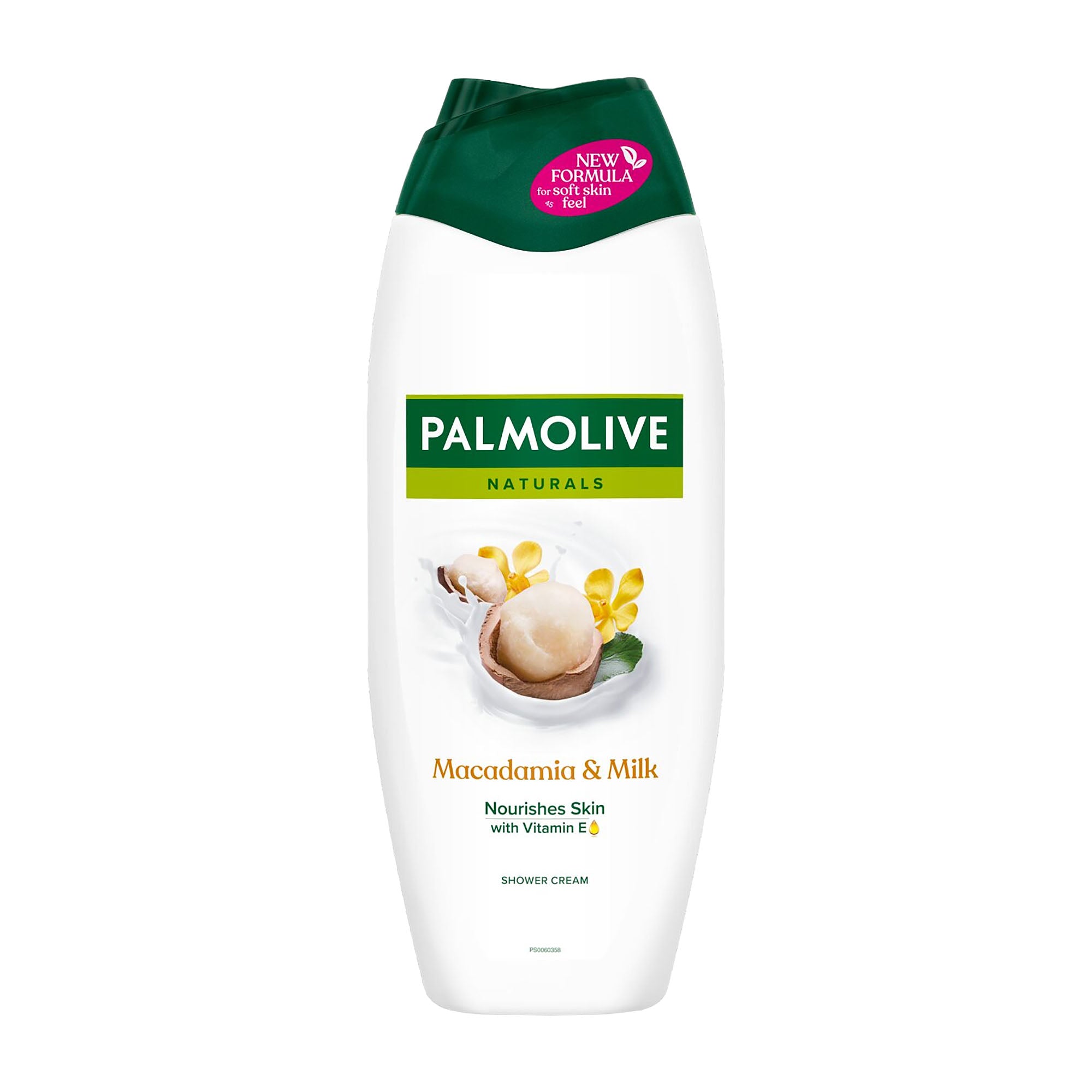 Palmolive Naturals Macadamia & Milk shower cream bottle on a white background.