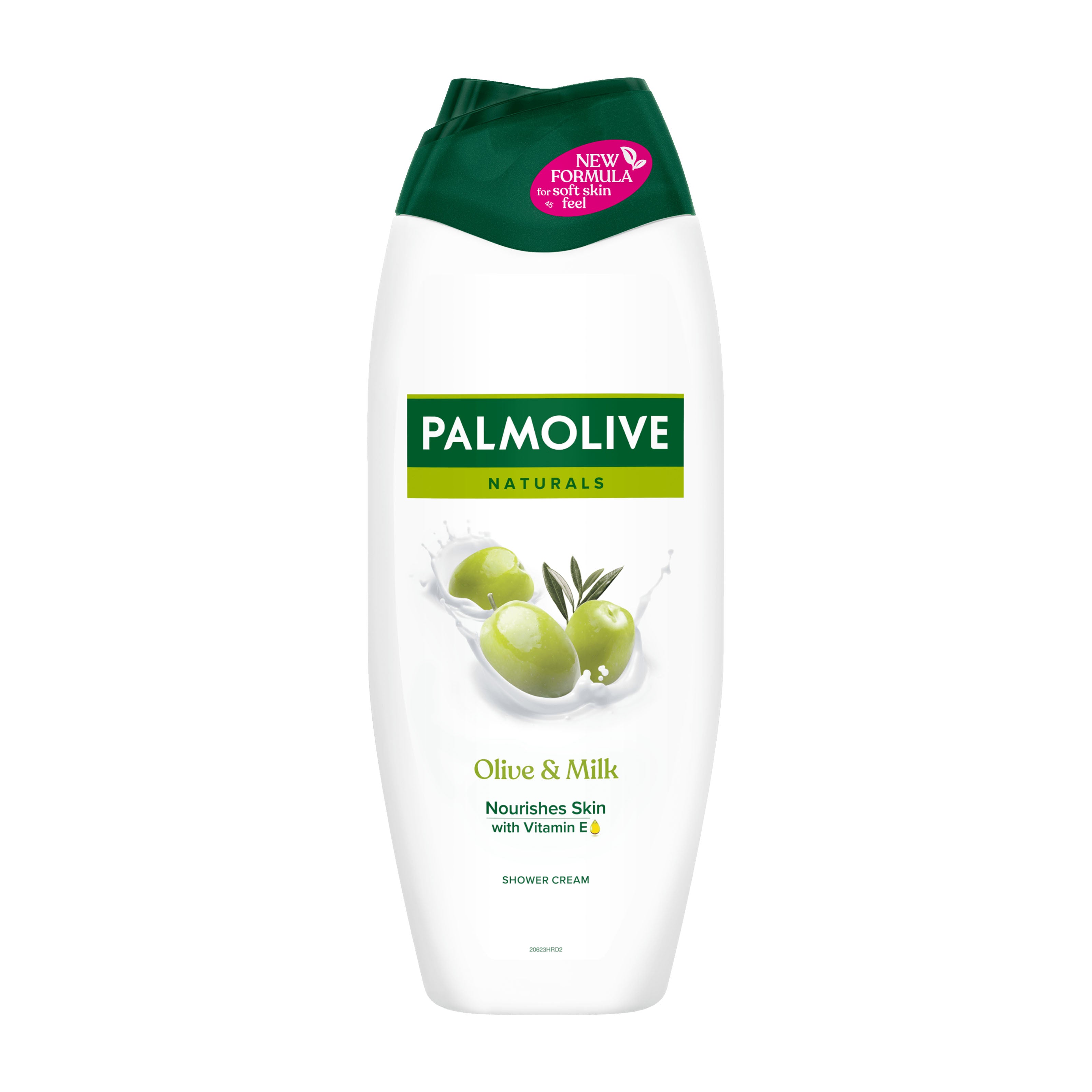 Plastic bottle of Palmolive Olive & Milk shower cream on a white background.
