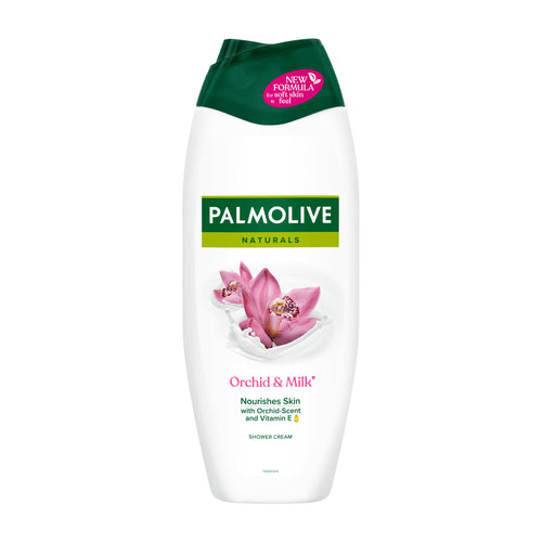 Plastic bottle of Palmolive Orchid & Milk shower cream on a white background.