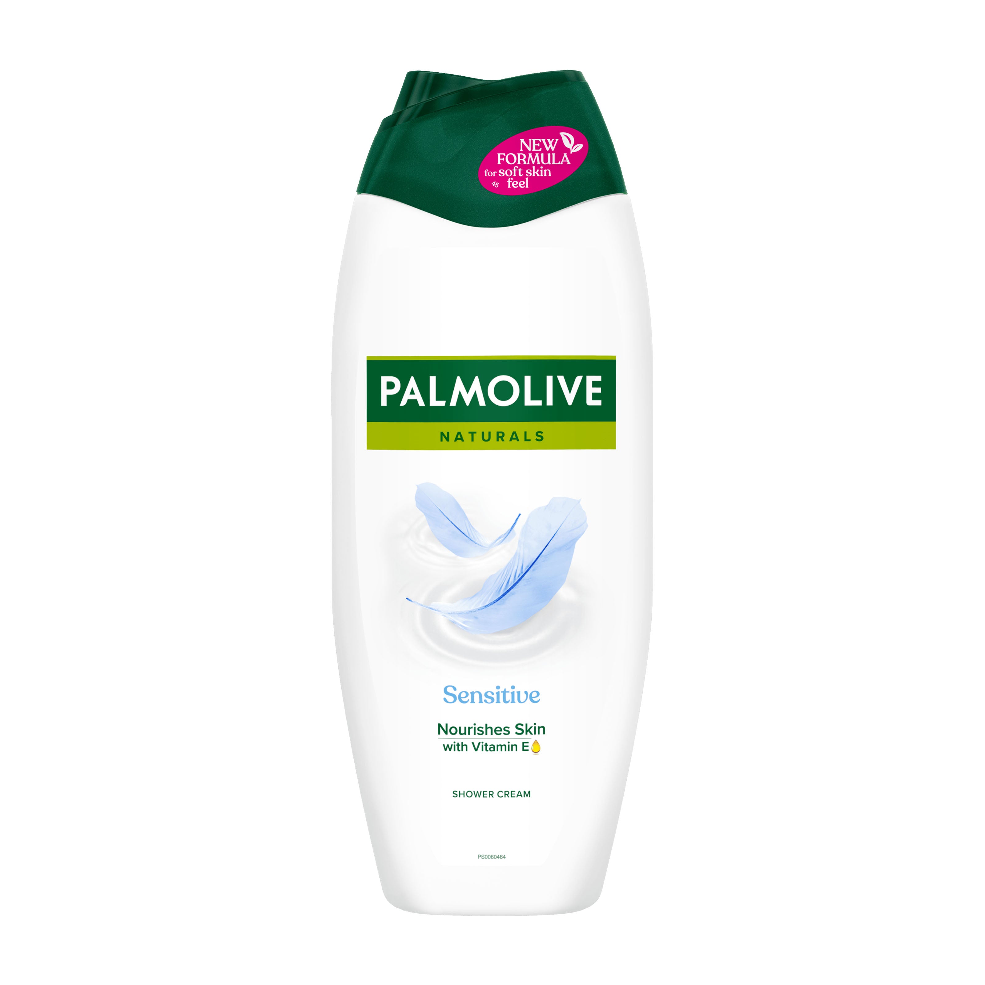 Plastic bottle of Palmolive Sensitive Shower Cream on a white background.