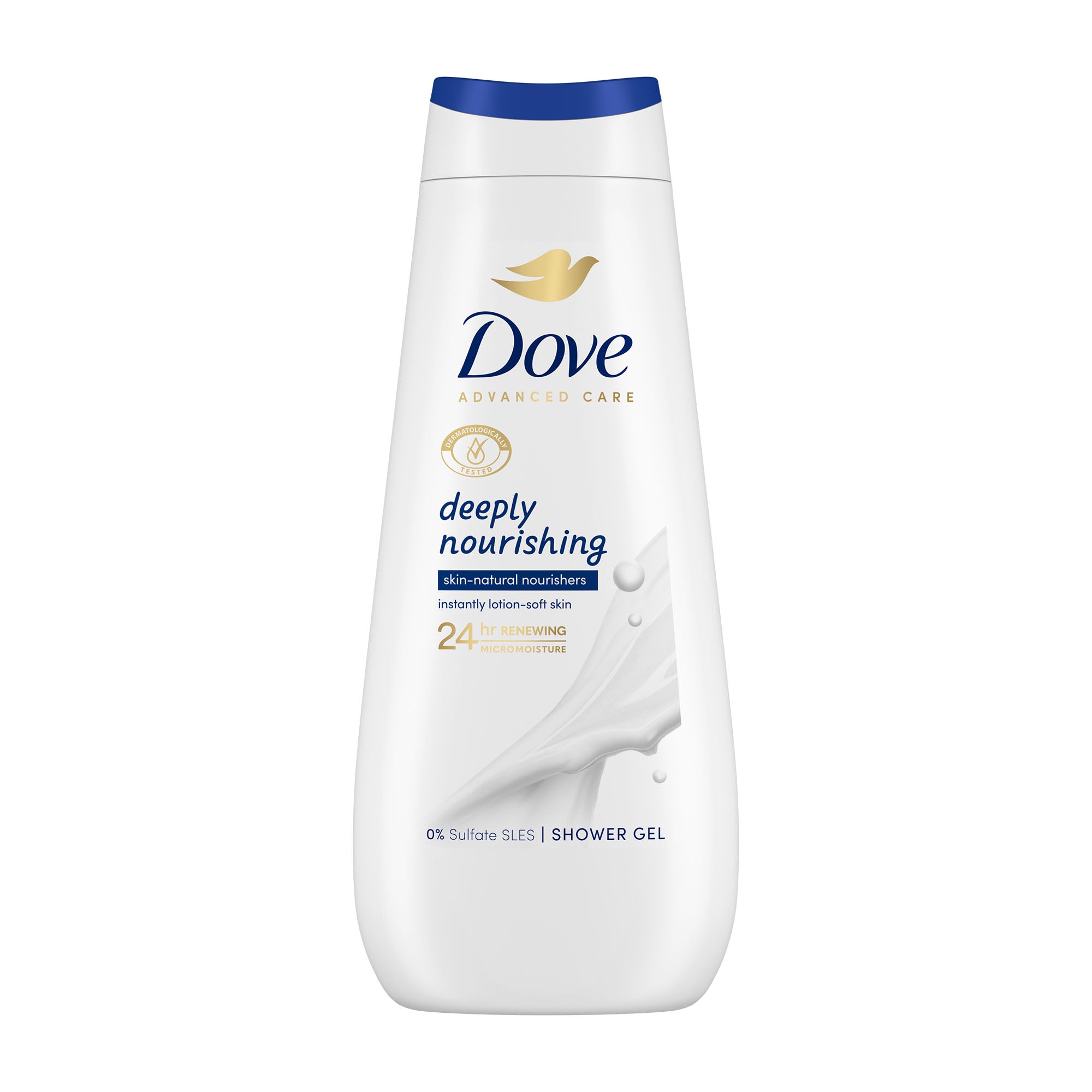Dove deeply nourishing shower gel bottle on a white background