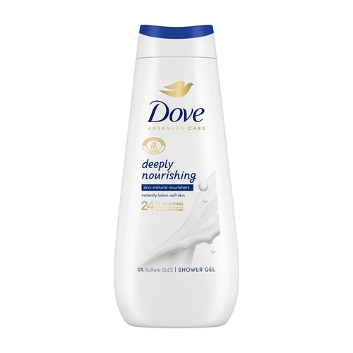 Dove deeply nourishing shower gel bottle on a white background