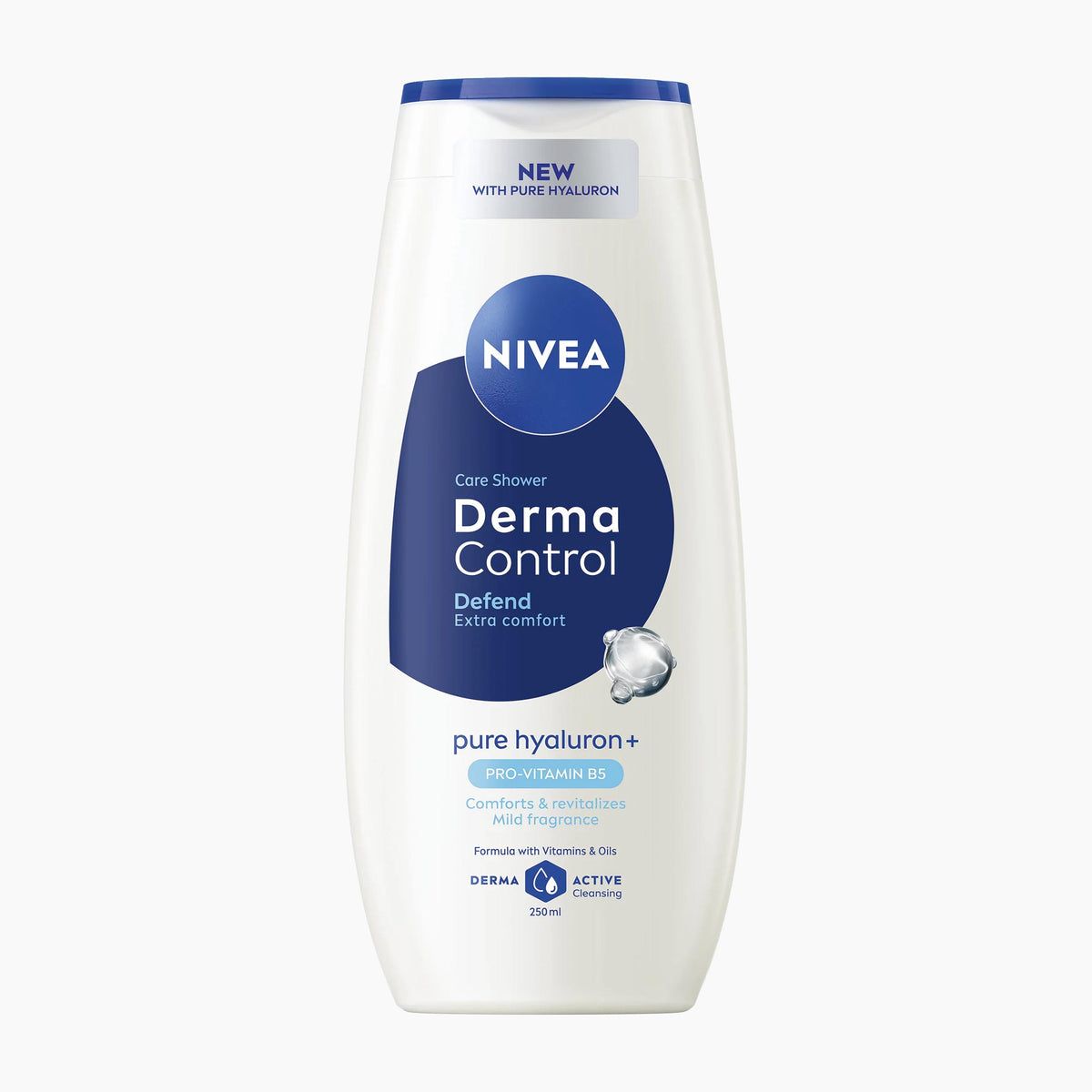 A 250ml bottle of Nivea Derma Control Defend Shower Gel on a light gray background.