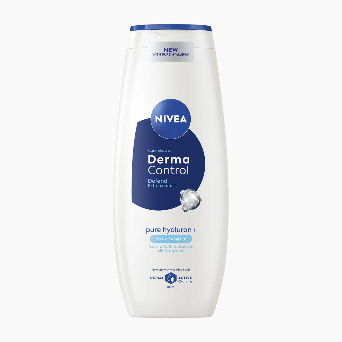 Nivea Derma Control Defend Shower Gel bottle on a light gray background.