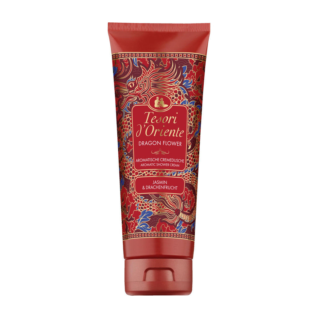 Red tube of Tesori d'Oriente Dragon Flower shower cream on a white background