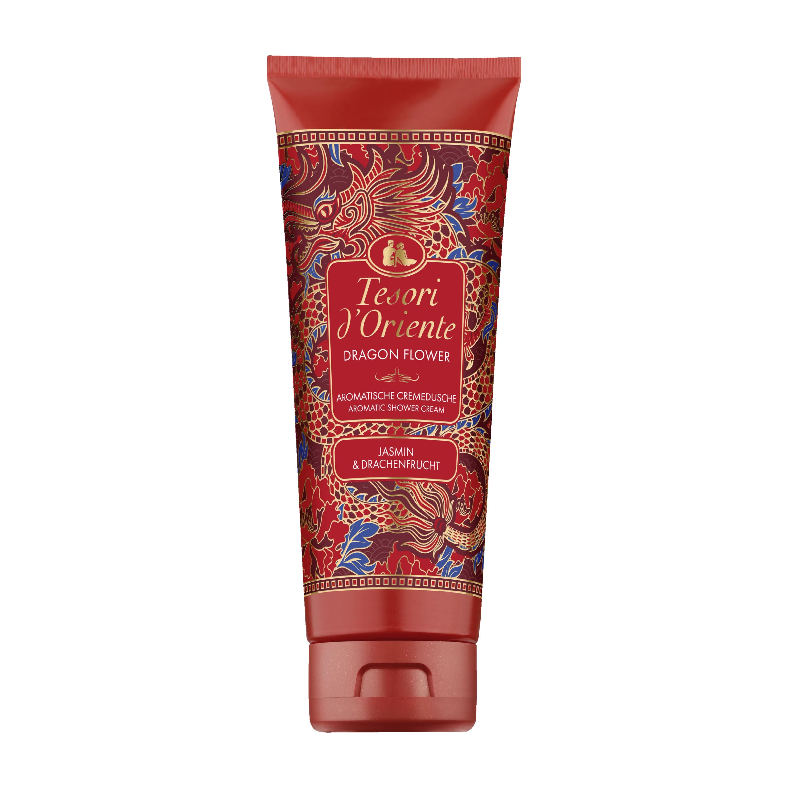 Red tube of Tesori d'Oriente Dragon Flower shower cream on a white background