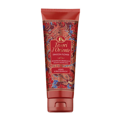 Red tube of Tesori d'Oriente Dragon Flower shower cream on a white background