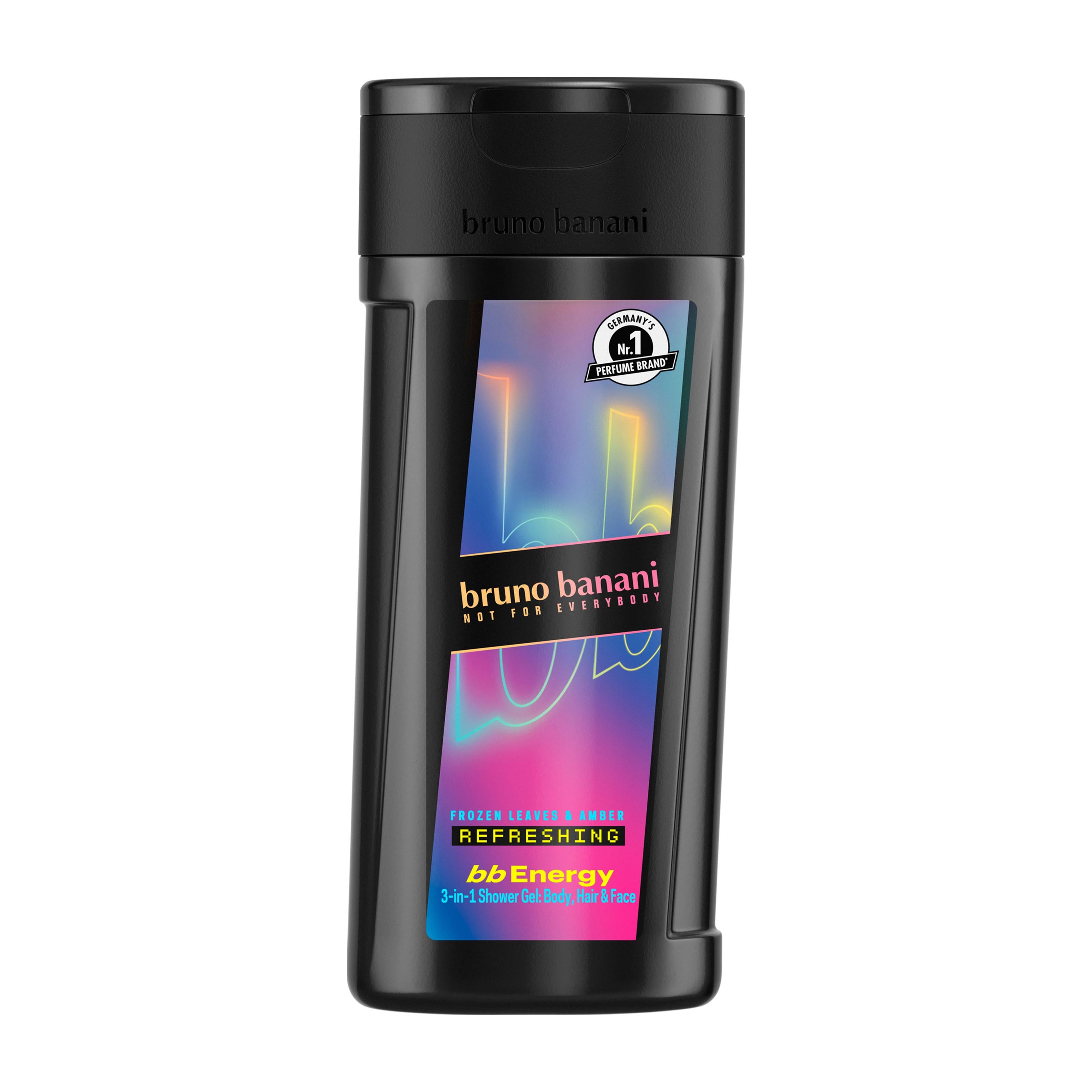 Black shower gel bottle with colorful label featuring 'bruno banani Energy' on a white background