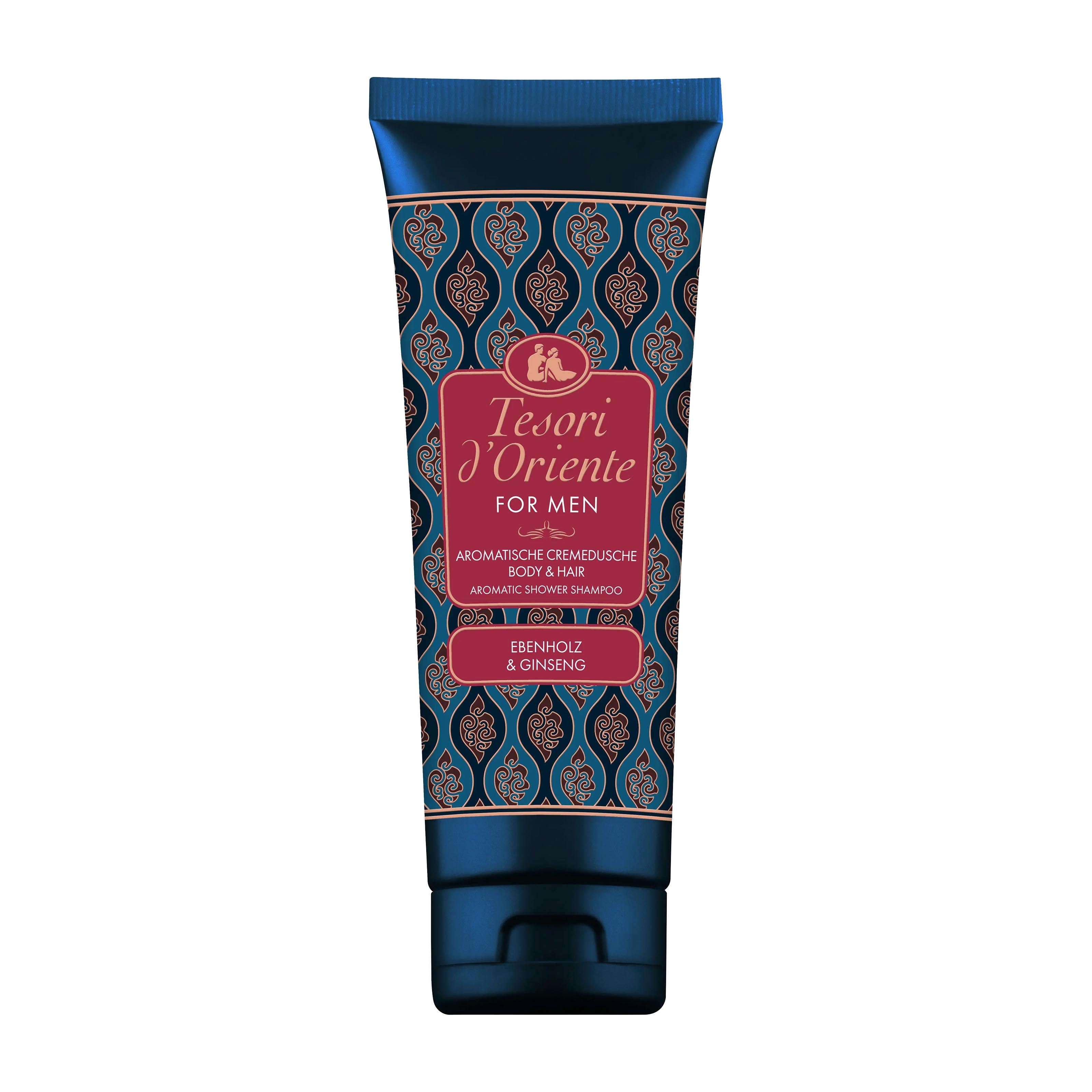 Teori d'Oriente For Men Ebony Wood & Ginseng Shower Cream in a dark blue squeeze tube with a red and gold label and ornate pattern.