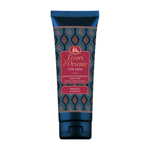 Teori d'Oriente For Men Ebony Wood & Ginseng Shower Cream in a dark blue squeeze tube with a red and gold label and ornate pattern.