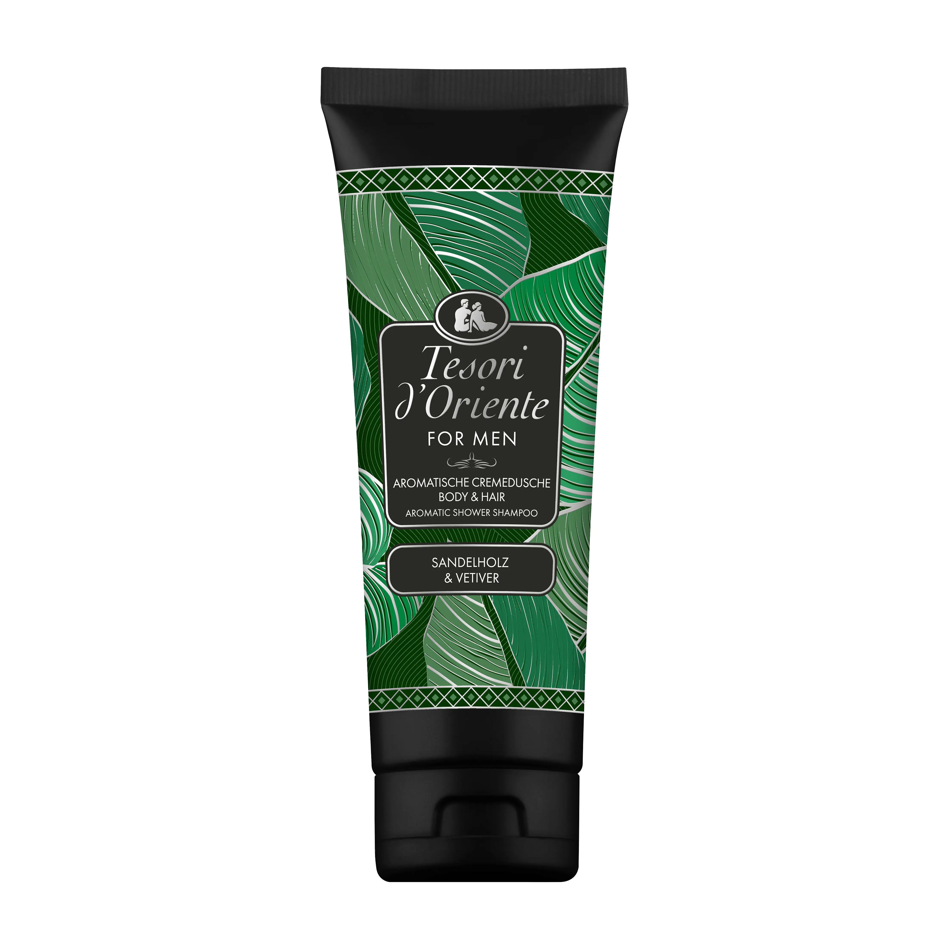 Tesori d'Oriente for men Sandalwood & Vetiver shower cream tube with green leaf pattern on a white background