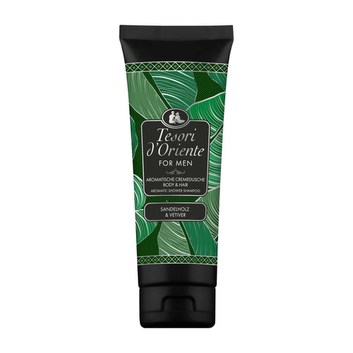 Tesori d'Oriente for men Sandalwood & Vetiver shower cream tube with green leaf pattern on a white background