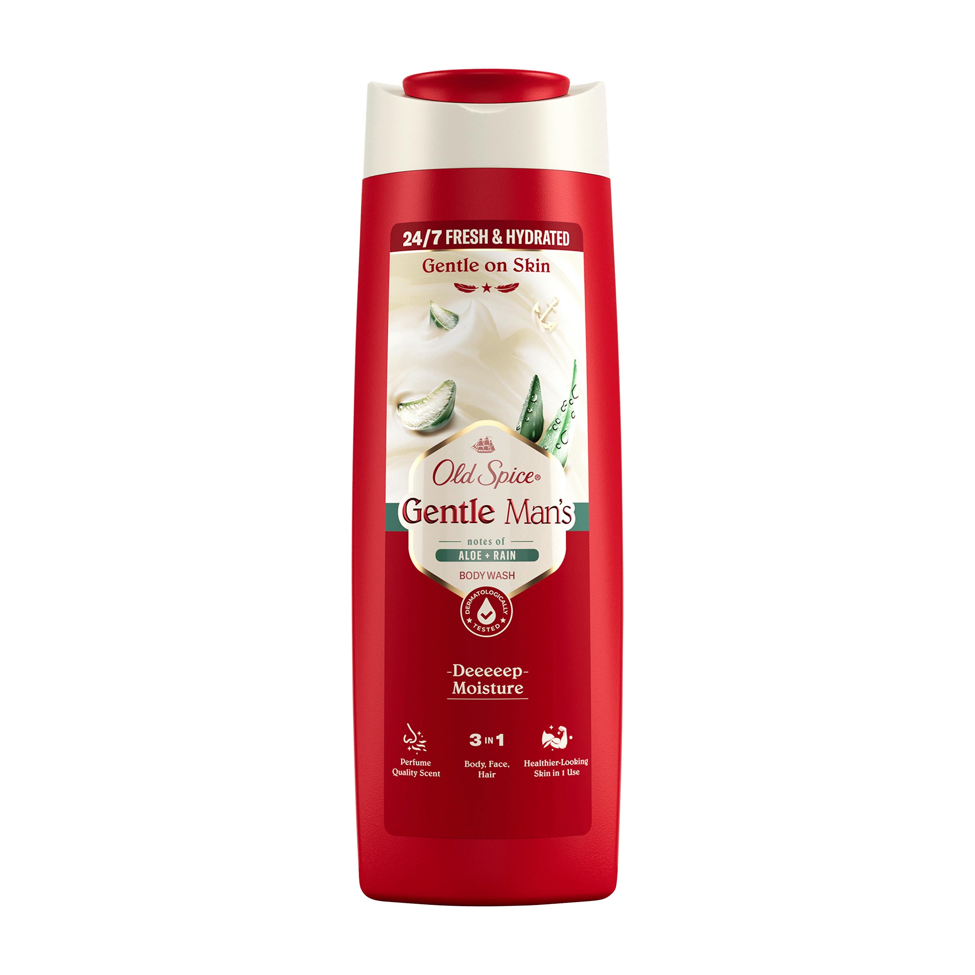 Old Spice Gentle Man's Aloe & Rain body wash bottle on a white background