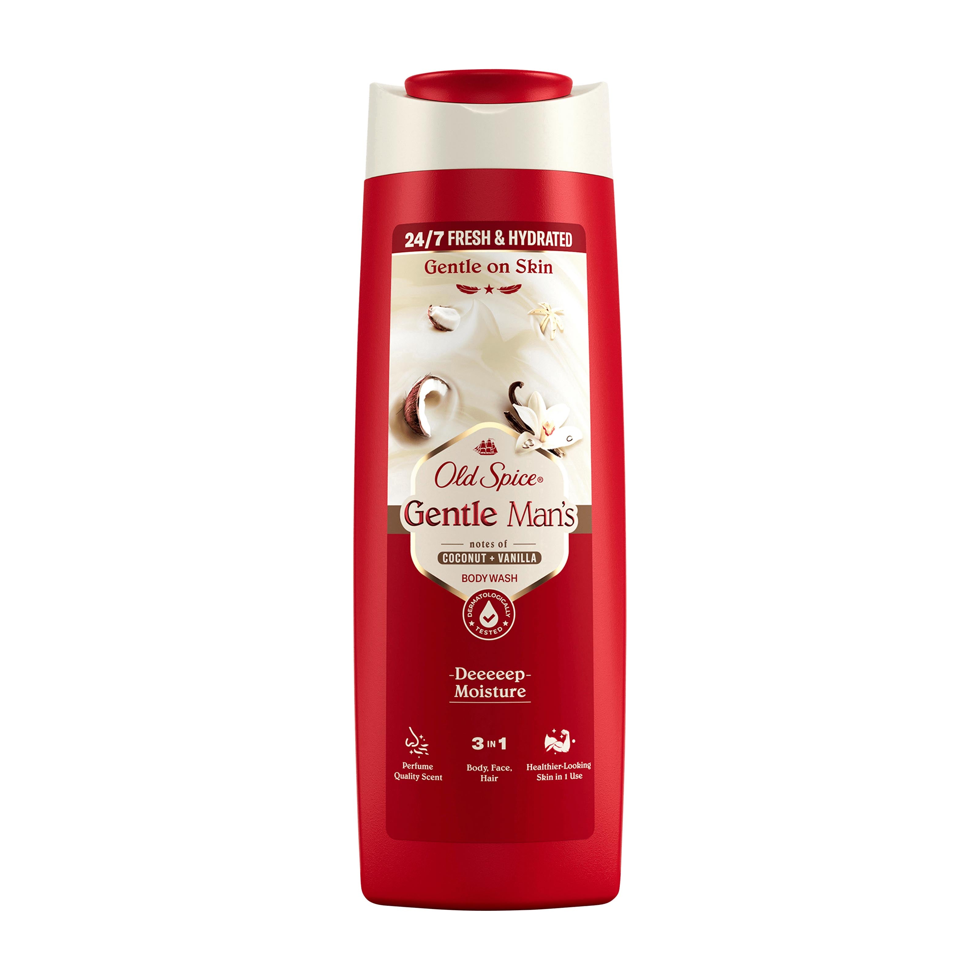 Old Spice Gentle Man's Coconut & Vanilla body wash bottle on a white background