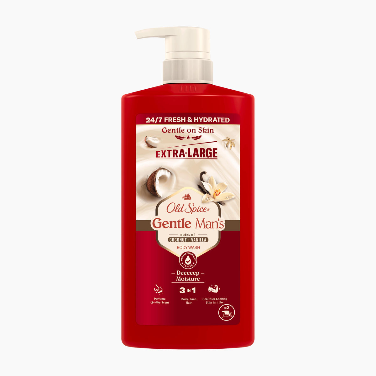 A bottle of Old Spice Gentle Man's Coconut & Vanilla body wash, Extra-Large size, featuring a red plastic bottle with a white pump dispenser and a detailed label on a clean white background.