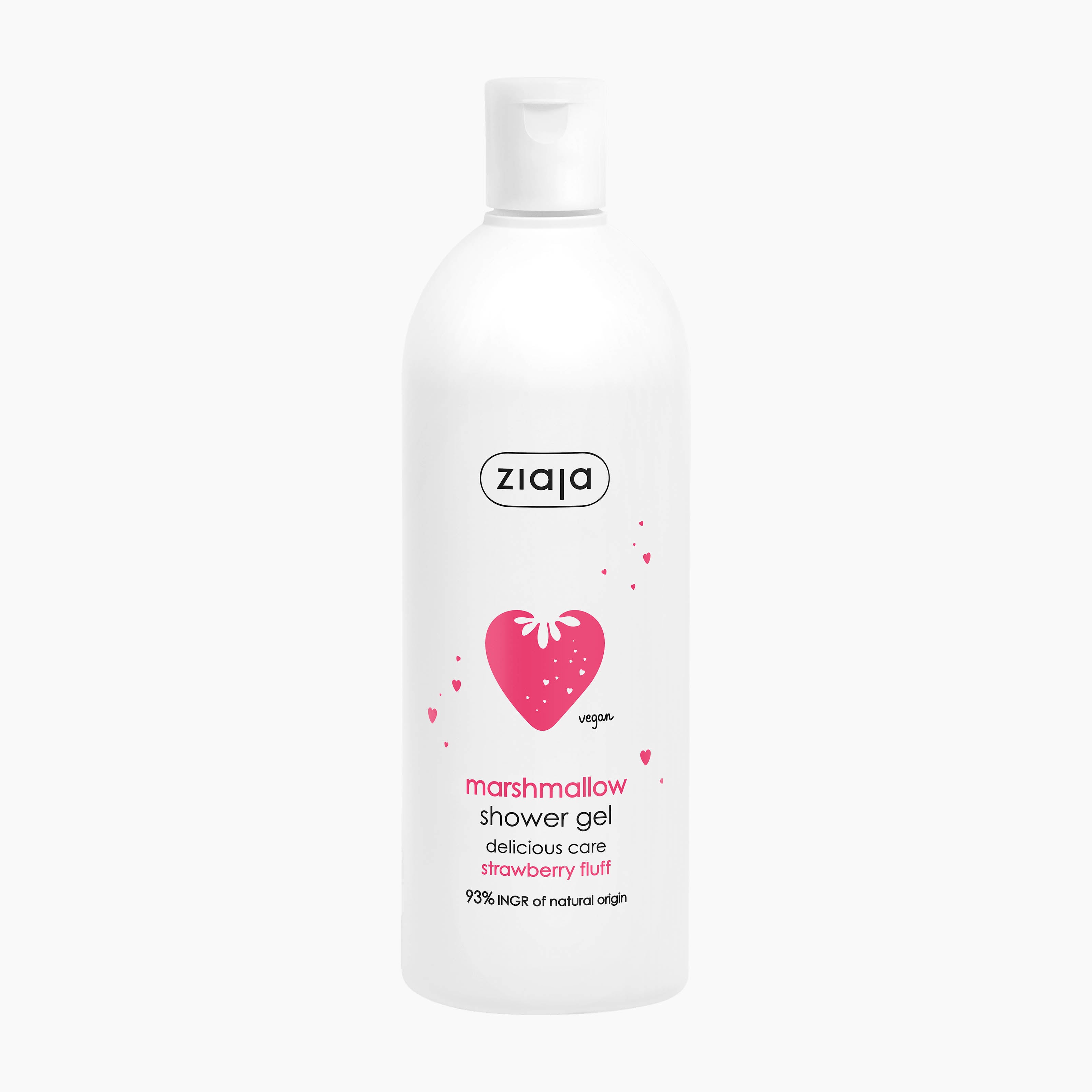 A white plastic bottle of Ziaja Marshmallow Shower Gel with a pink strawberry graphic and text on the front, set against a plain white background.