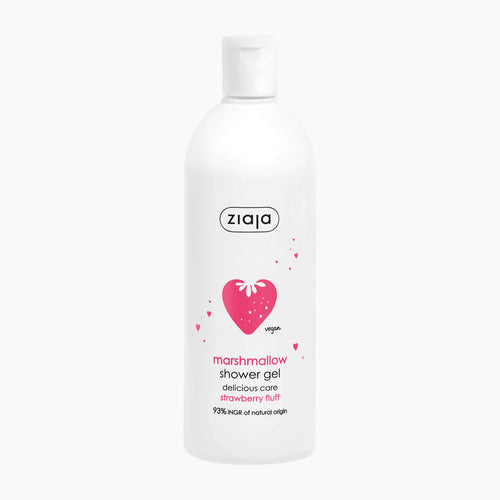 A white plastic bottle of Ziaja Marshmallow Shower Gel with a pink strawberry graphic and text on the front, set against a plain white background.