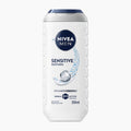 Nivea Men Sensitive shower gel bottle on a light gray background.