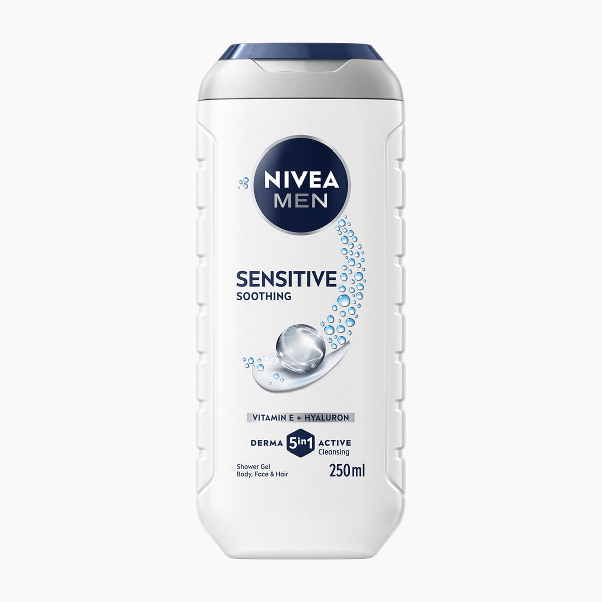 Nivea Men Sensitive shower gel bottle on a light gray background.
