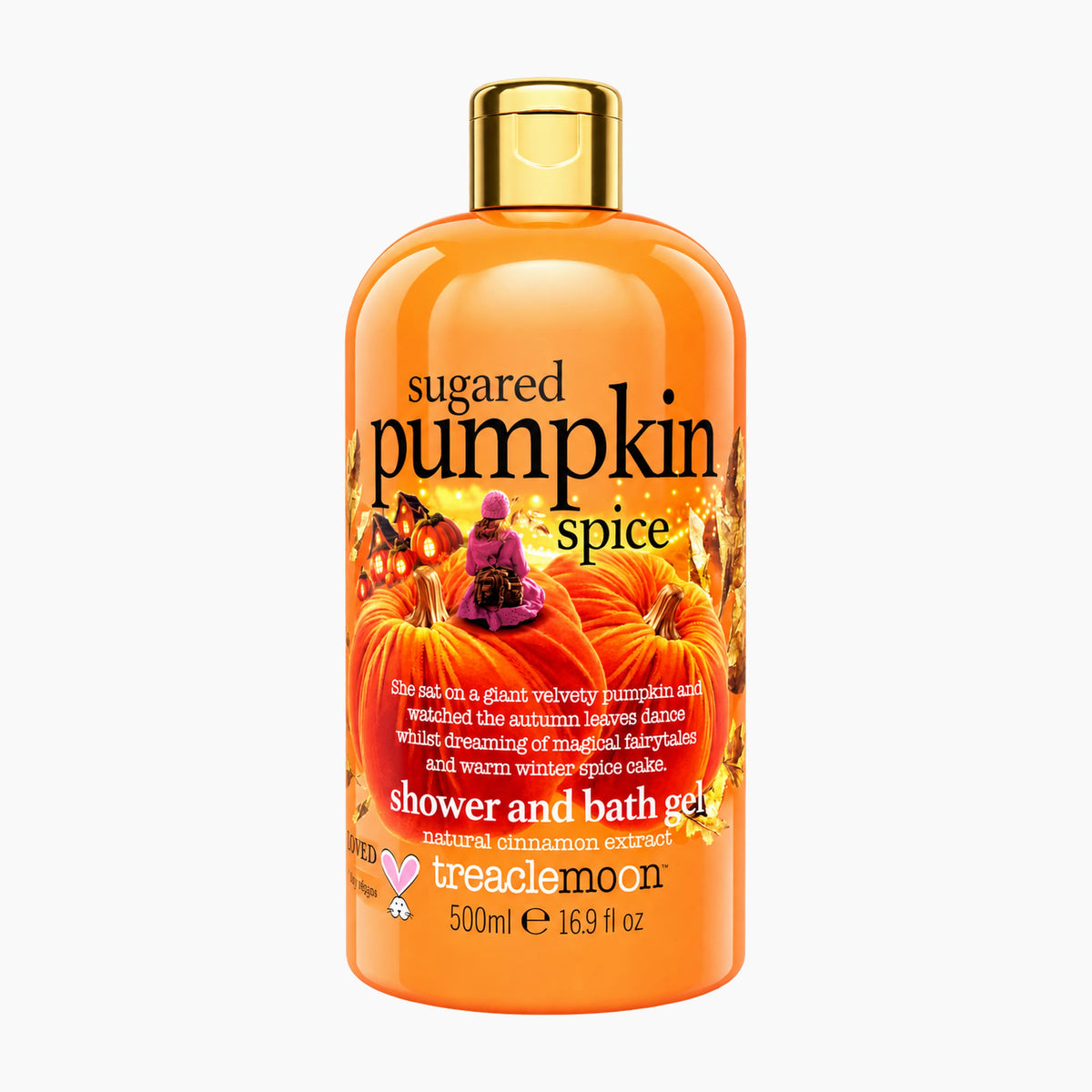 A 500ml bottle of Treaclemoon Sugared Pumpkin Spice shower and bath gel, featuring a bright orange body with a gold cap and a label decorated with pumpkins and autumn illustrations.