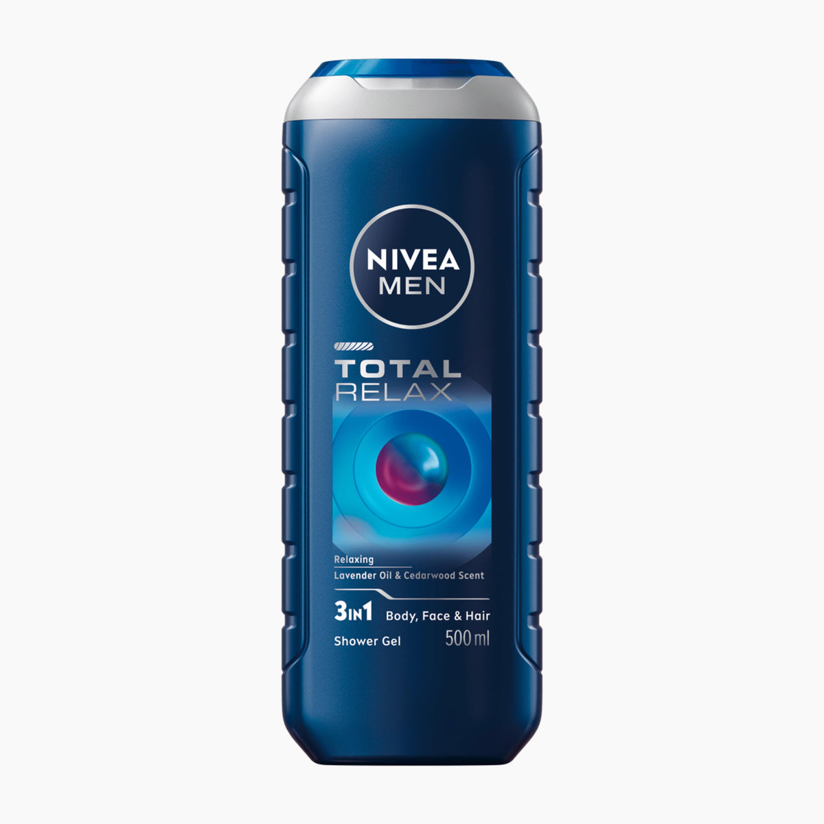 Nivea Men Total Relax Shower Gel in a 500 ml blue plastic bottle with a textured grip design, shown on a plain white background.