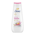 Dove shower gel bottle with a pink lotus flower design on a white background