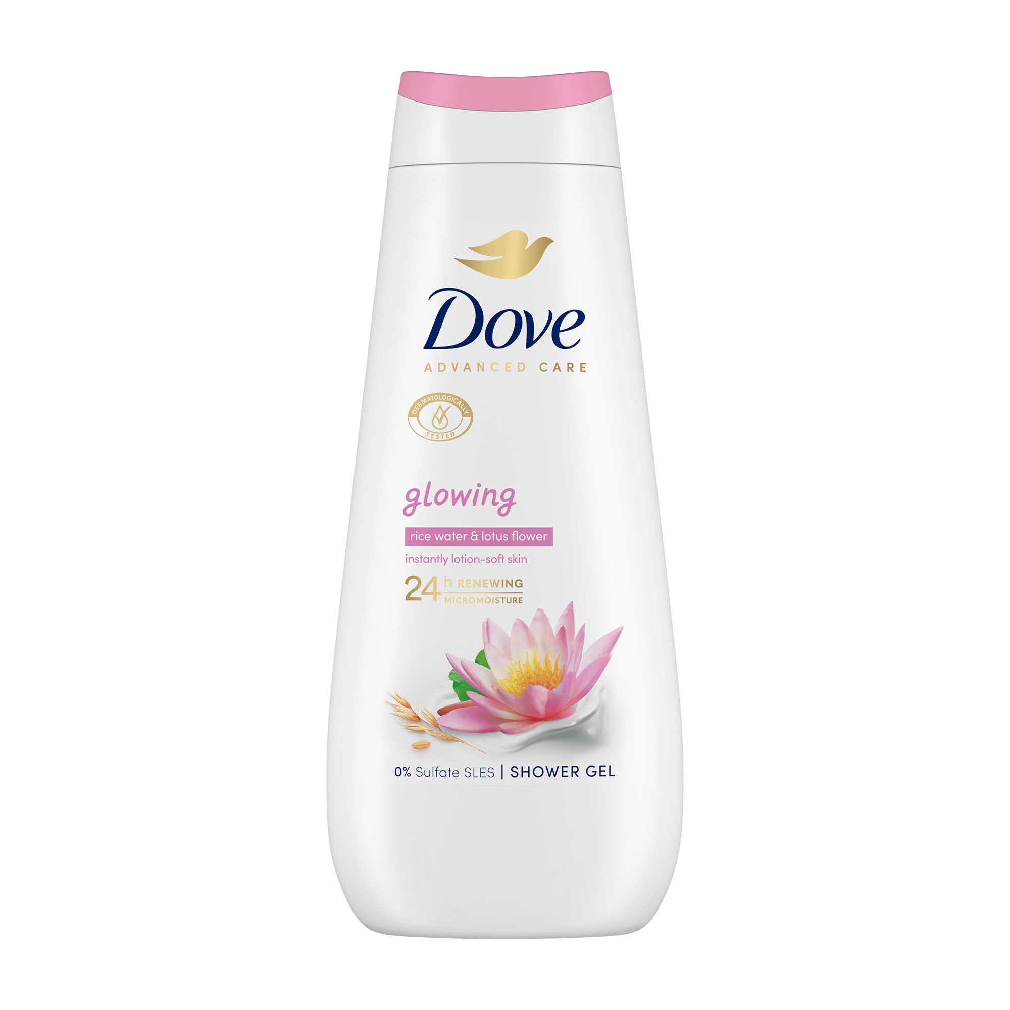 Dove shower gel bottle with a pink lotus flower design on a white background