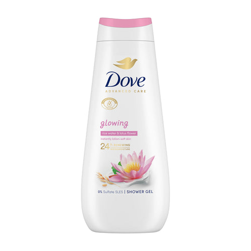 Dove shower gel bottle with a pink lotus flower design on a white background