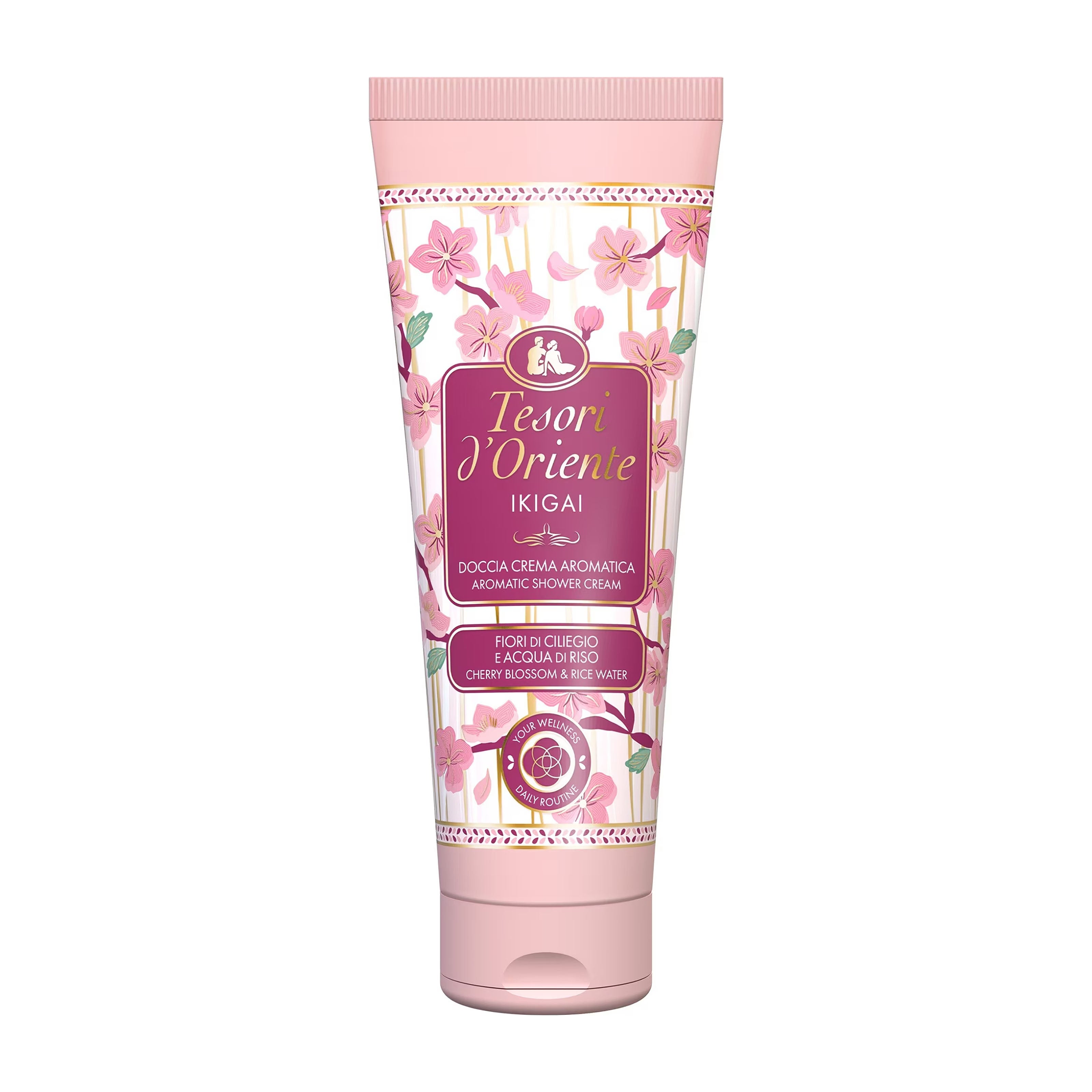 Tube of Tesori d'Oriente Ikigai shower cream with cherry blossom design on a white background