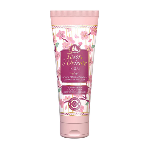 Tube of Tesori d'Oriente Ikigai shower cream with cherry blossom design on a white background