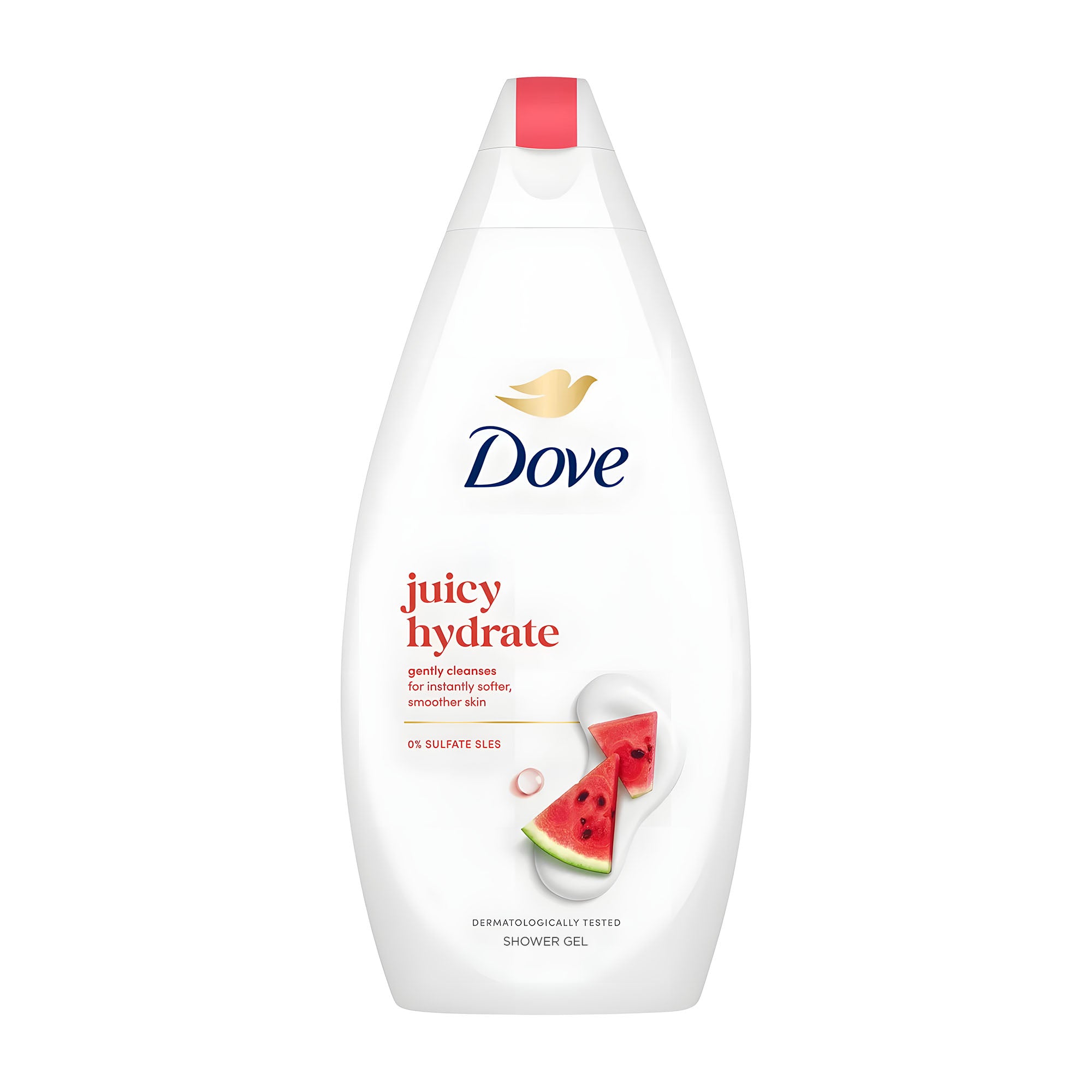 Dove Juicy Hydrate shower gel (450 ml) bottle on a white background