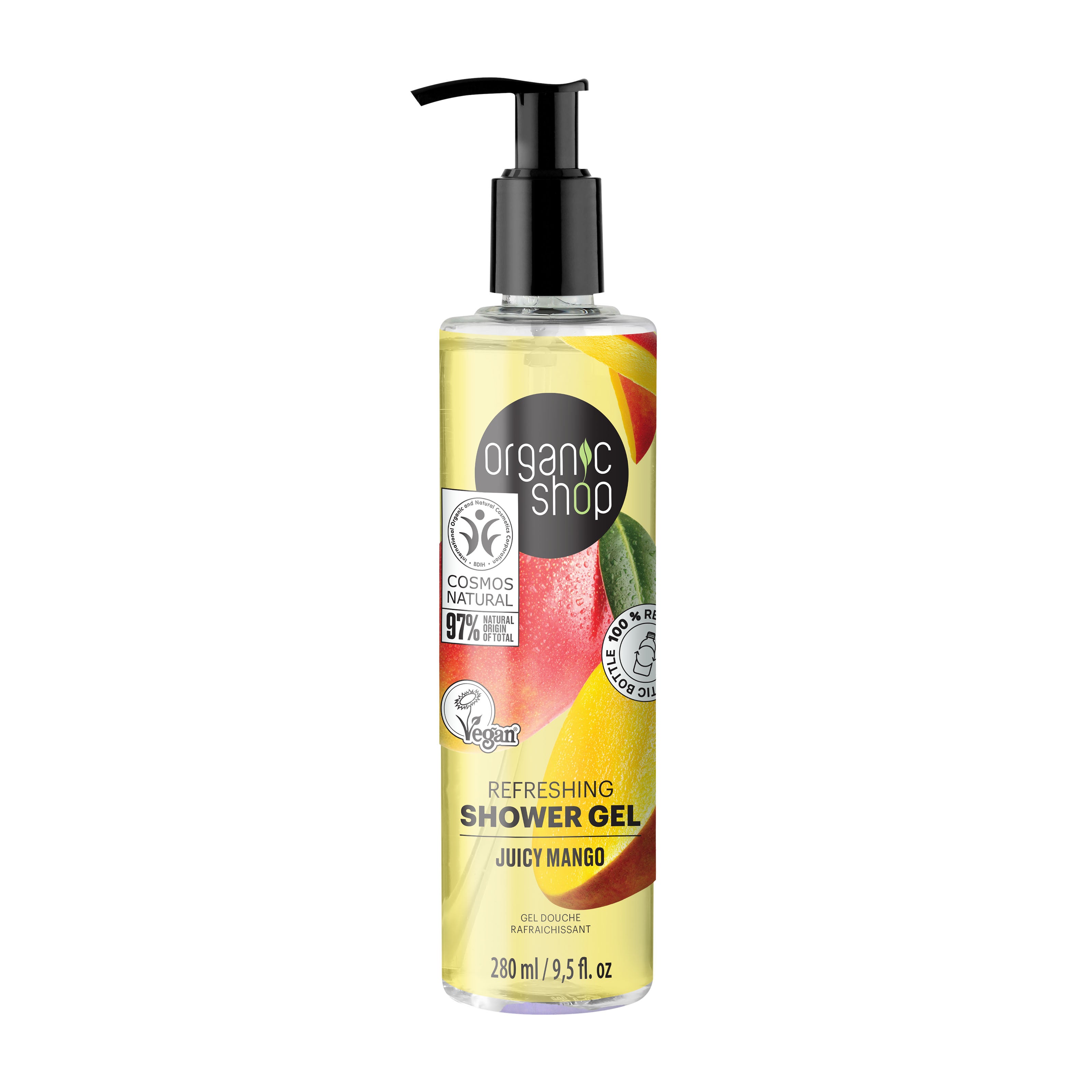 Bottle of Organic Shop Juicy Mango shower gel on a white background