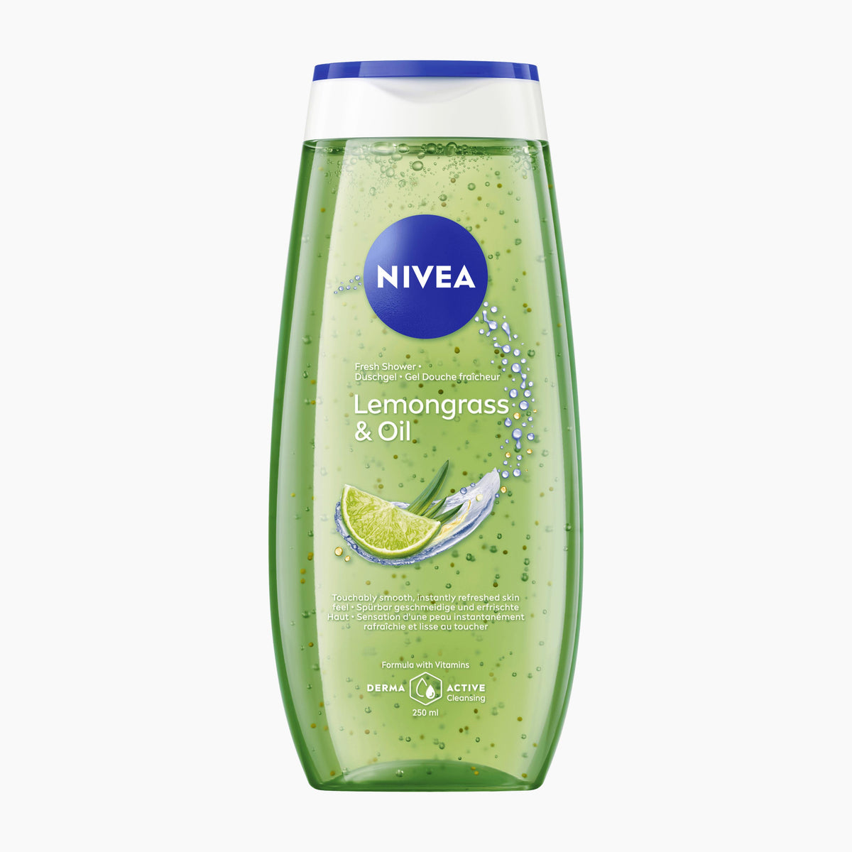 A 250ml bottle of Nivea Lemongrass & Oil shower gel on a light gray background.