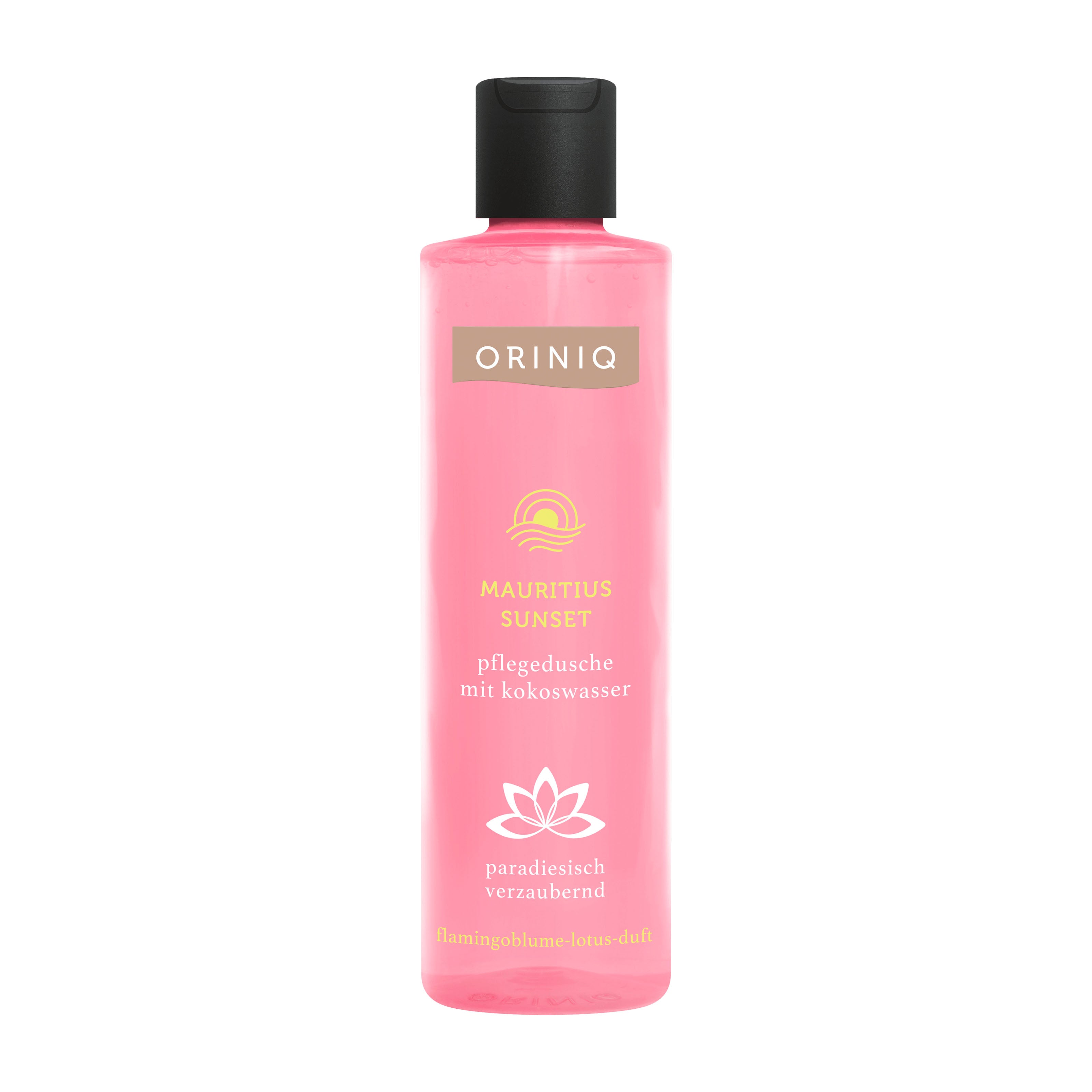 Oriniq Mauritius Sunset shower cream bottle on a white background
