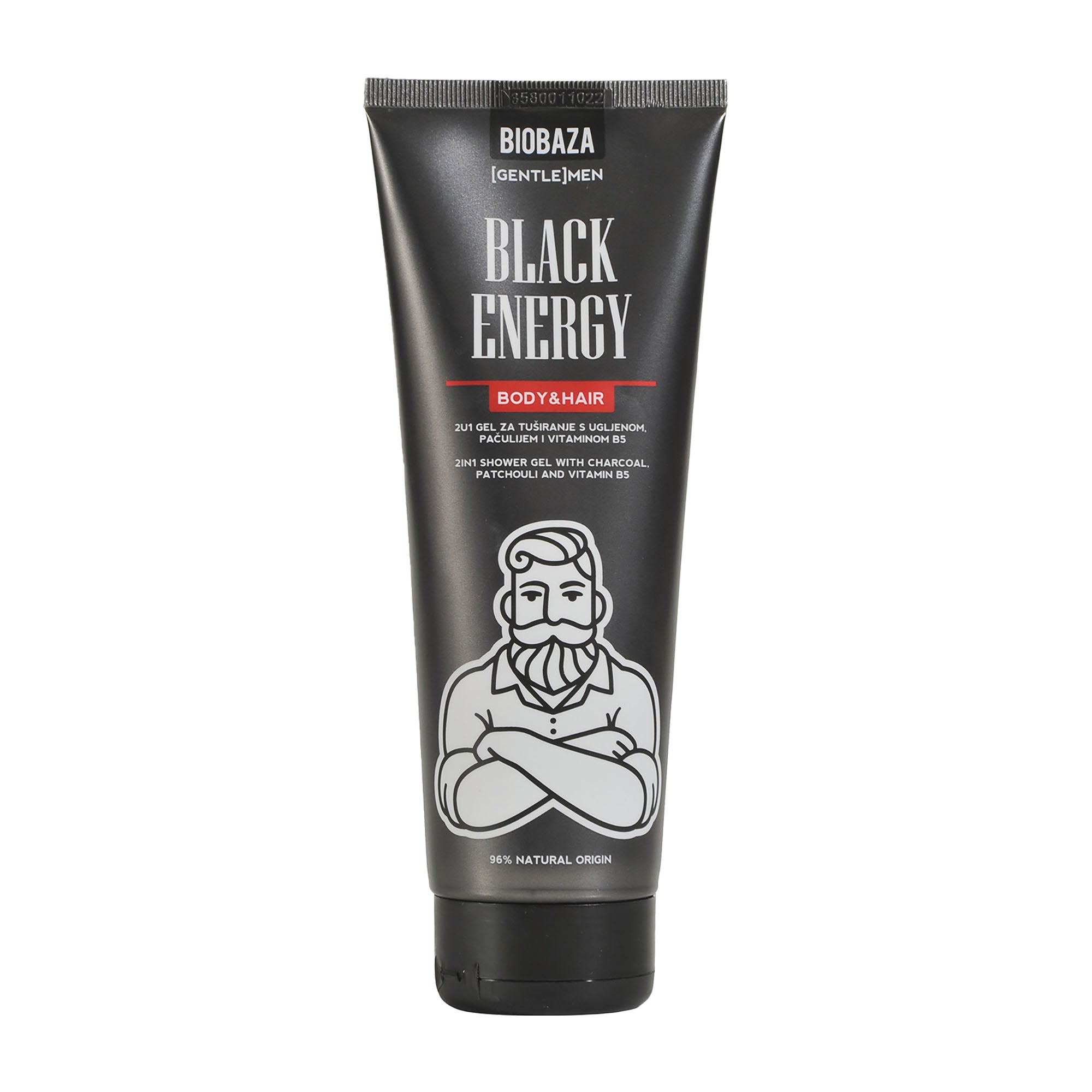Black tube of Biobaza Black Energy 2in1 Shower Gel on a white background.