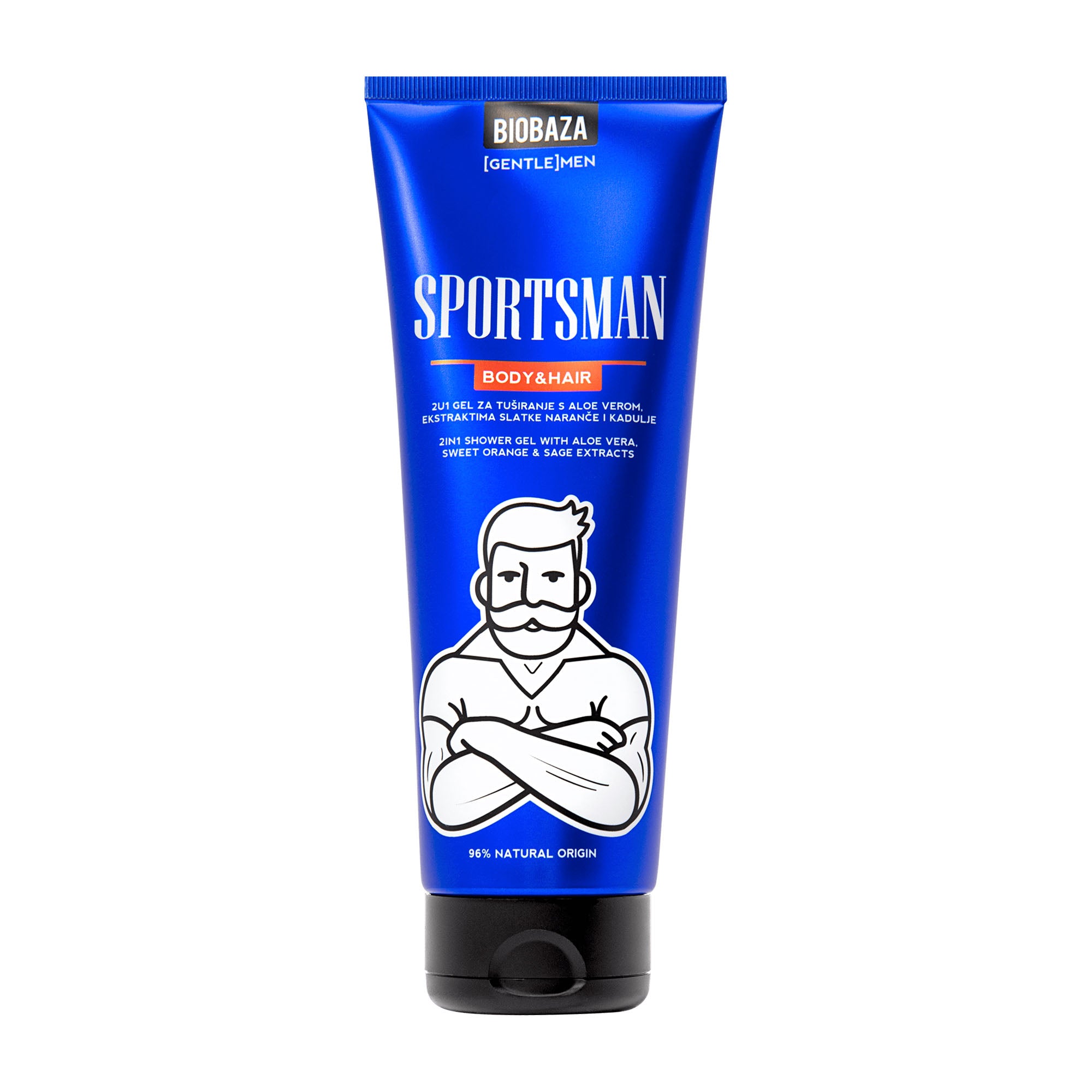 Blue tube of Biobaza Sportsman 2in1 Shower Gel on a white background.