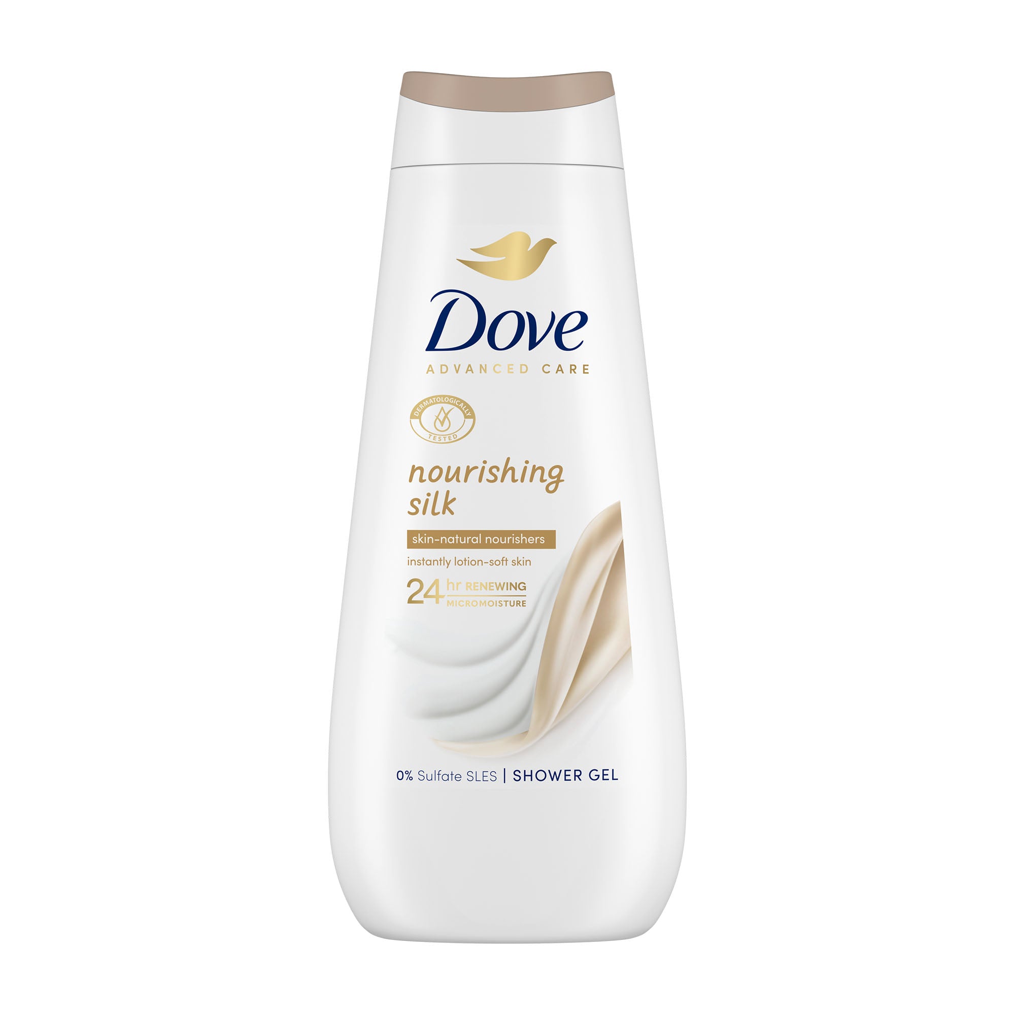 Dove nourishing silk shower gel bottle on a white background