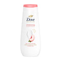 Dove Rebalancing White Peach & Rice Milk shower gel bottle with a white background