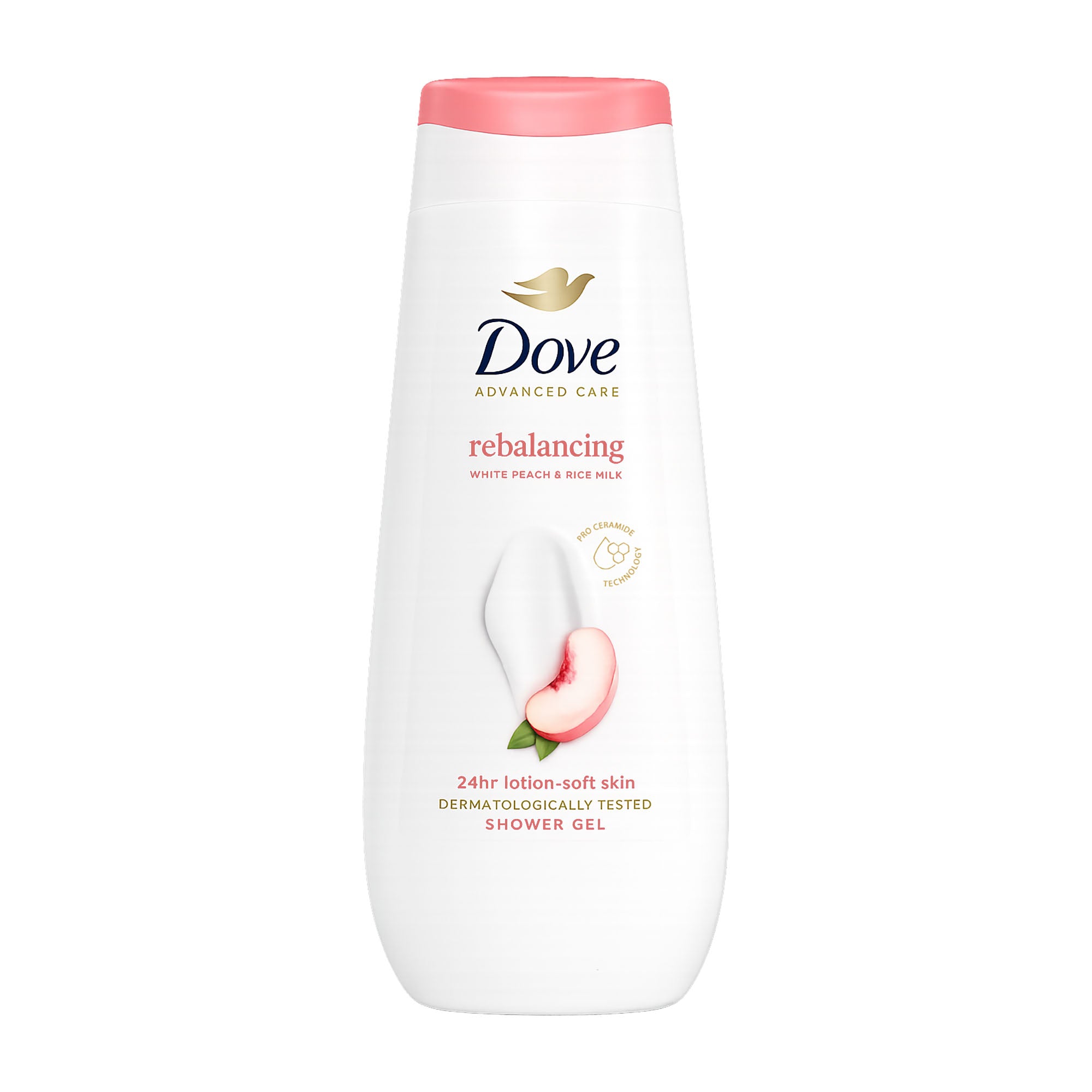 Dove Rebalancing White Peach & Rice Milk shower gel bottle with a white background