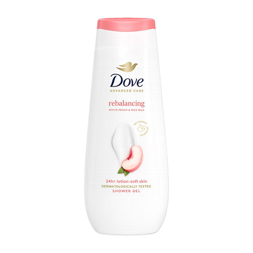 Dove Rebalancing White Peach & Rice Milk shower gel bottle with a white background