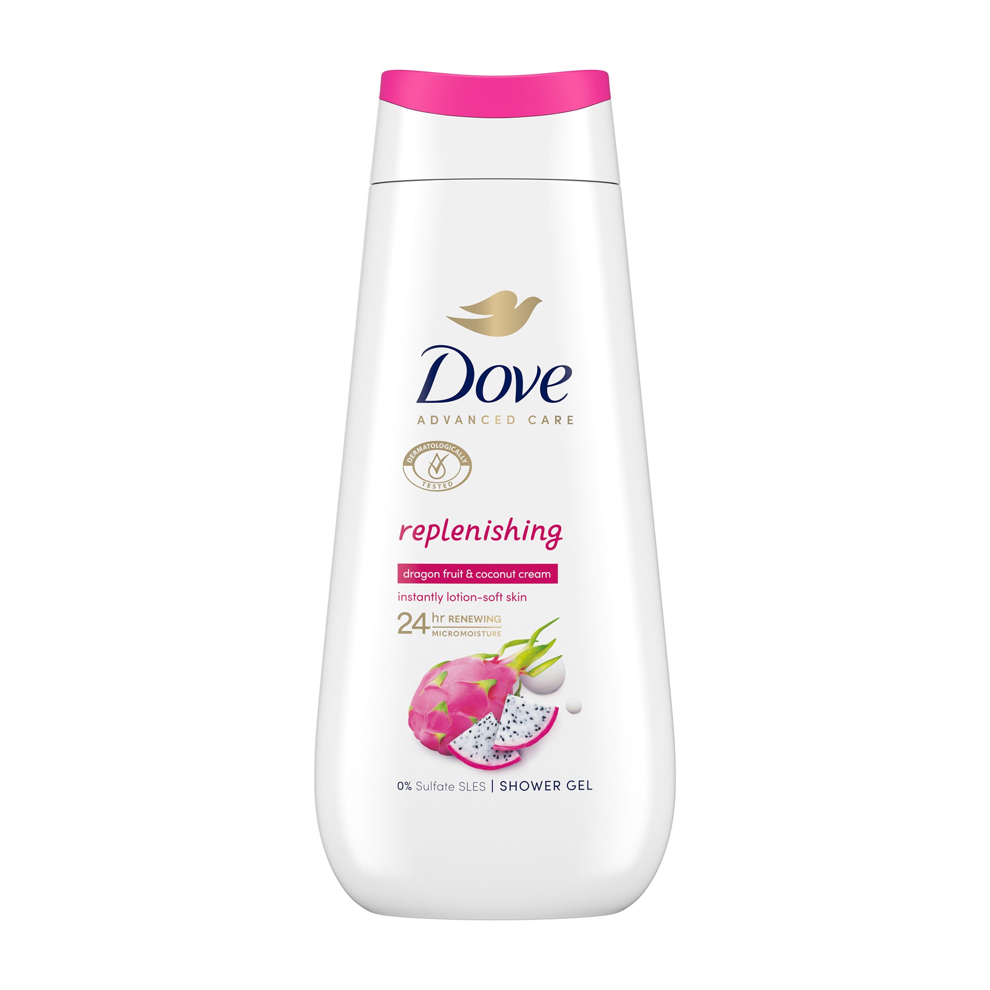 Dove replenishing shower gel bottle on a white background